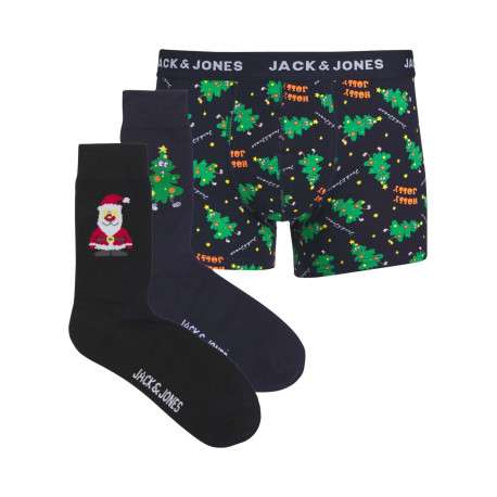 Coffret de Noël chaussettes et boxer en coton bleus nuit à motifs de Noël