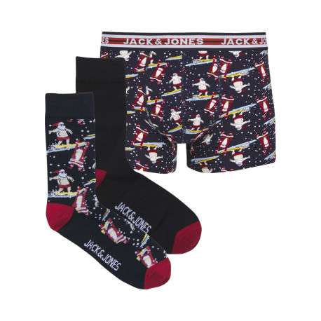 Coffret de Noël chaussettes et boxer en coton bleus nuit à motifs père Noël