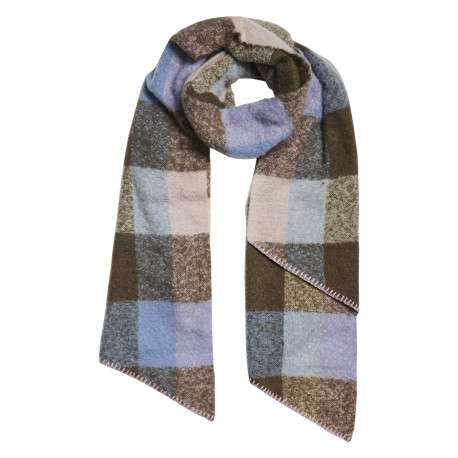 Écharpe tricolore ciel brune et beige à carreaux avec une coupe longue