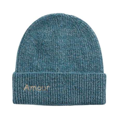Bonnet à revers bleu en lurex argenté et brodé ""Amour"" à l'avant