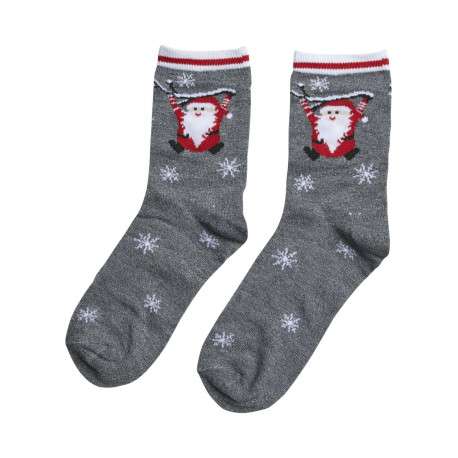 Chaussettes grises imprimées sur le thème hivernal et avec une coupe haute