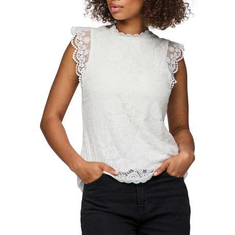 T-shirt blanc uni en dentelle avec une coupe droite et un col rond