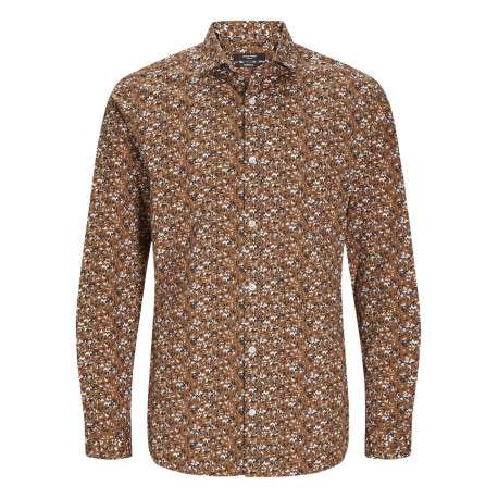 Chemise en coton biologique mélangé camel fleurie à coupe droite et col français