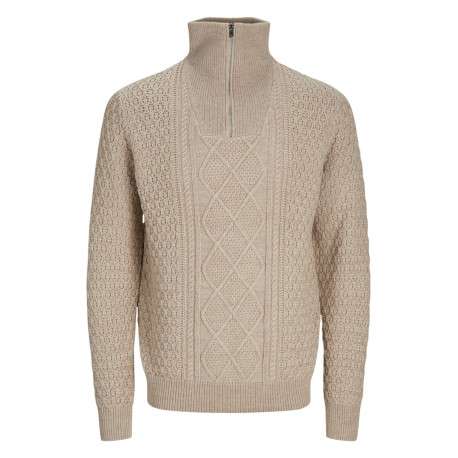 Pull beige en point perles à coupe droite col camionneur et à manches longues
