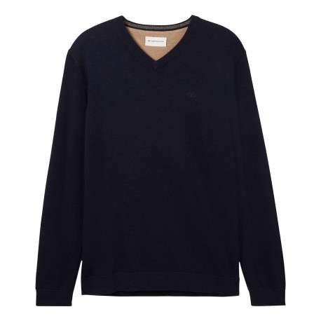 Pull en coton marine uni avec une coupe droite et un col en V