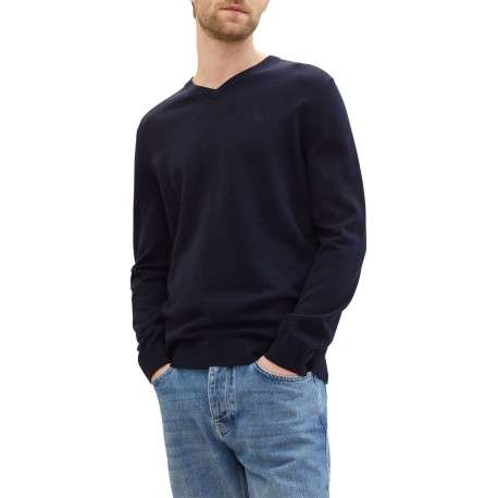 Pull en coton marine uni avec une coupe droite et un col en V - Image 2