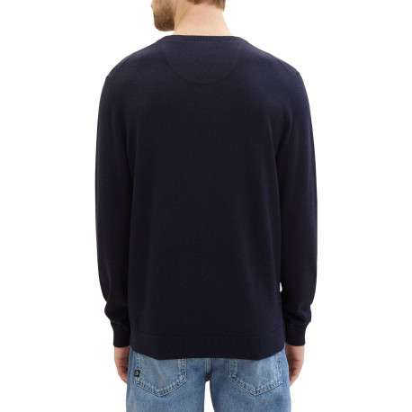 Pull en coton marine uni avec une coupe droite et un col en V - Image 3