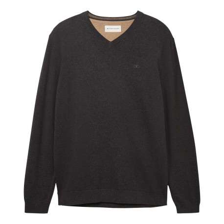Pull en coton anthracite uni avec une coupe droite et un col en V