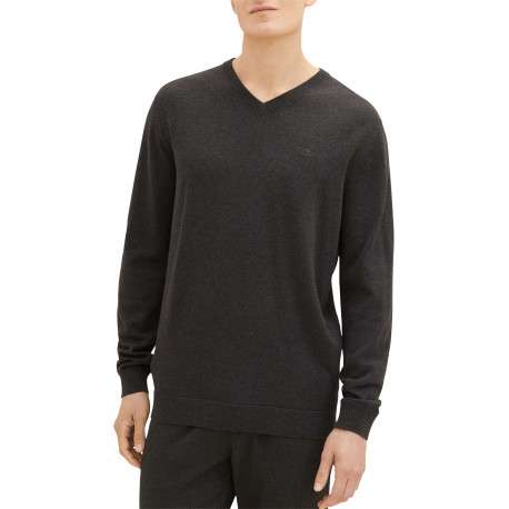 Pull en coton anthracite uni avec une coupe droite et un col en V - Image 2