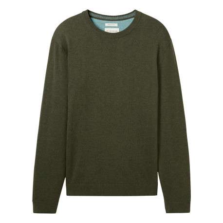 Pull en coton kaki uni avec une coupe droite un col rond et logo brodé
