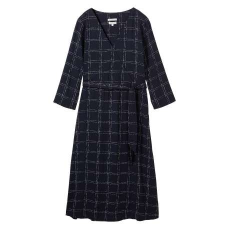 Robe mi-longue marine à carreaux blancs avec une coupe droite et un col en V