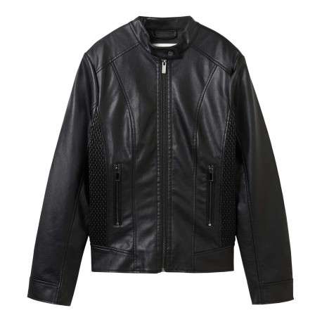 Blouson de motard noir uni avec une coupe droite et un col rond boutonné