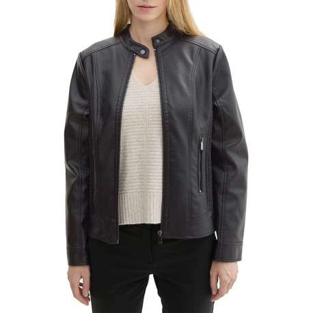 Blouson de motard noir uni avec une coupe droite et un col rond boutonné - Image 2