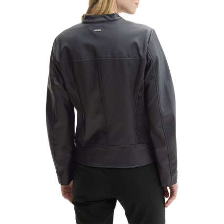 Blouson de motard noir uni avec une coupe droite et un col rond boutonné - Image 3