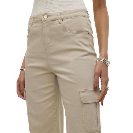 Pantalon cargo en coton écru uni avec une coupe droite large et une taille haute - Image 3