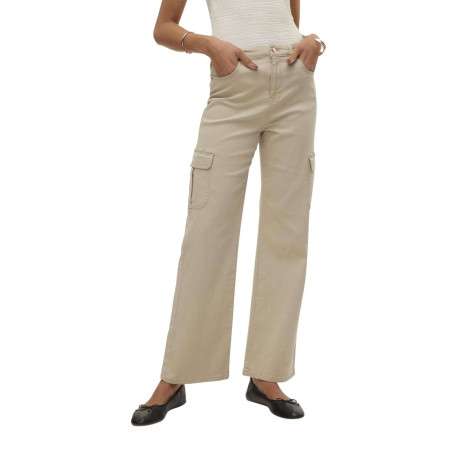 Pantalon cargo en coton écru uni avec une coupe droite large et une taille haute - Image 4