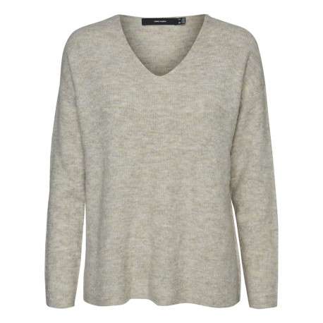 Pull écru en maille chiné doux avec une coupe droite et un col v