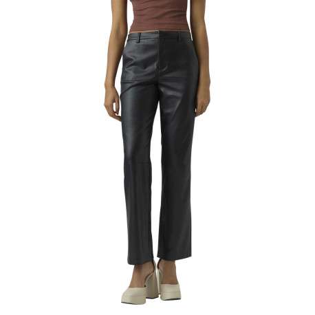 Pantalon en simili cuir noir uni avec une coupe droite et une taille mi-haute - Image 4
