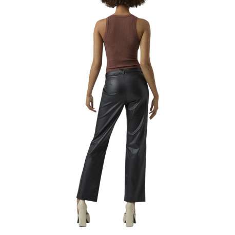 Pantalon en simili cuir noir uni avec une coupe droite et une taille mi-haute - Image 5
