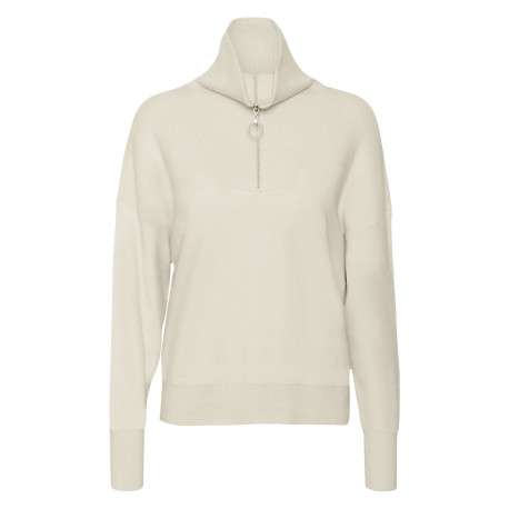 Pull à col roulé zippé écru uni avec une coupe droite et des fentes