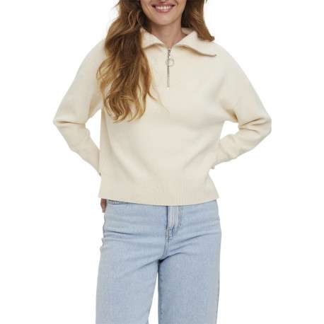 Pull à col roulé zippé écru uni avec une coupe droite et des fentes - Image 4