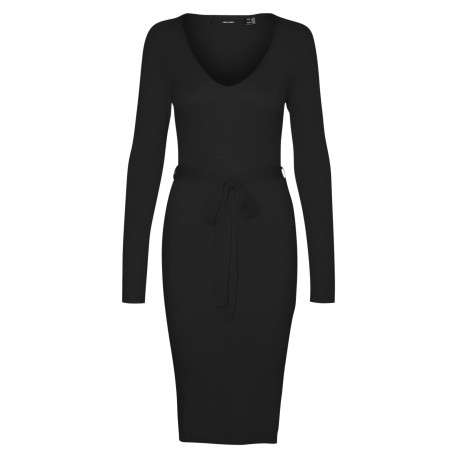 Robe longue noire côtelée avec une coupe près du corps et un col v arrondi