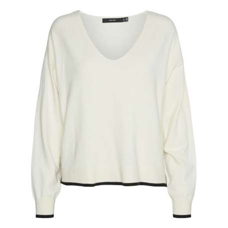 Pull écru uni à coupe droite et à col v arrondi avec des détails noirs