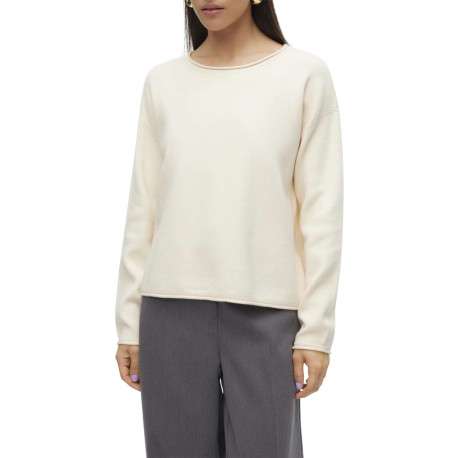 Pull écru uni avec une coupe droite et un col rond large replié - Image 4