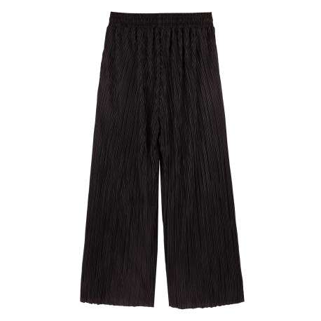 Pantalon noir uni avec une coupe large et un lien de serrage à la taille - Image 5