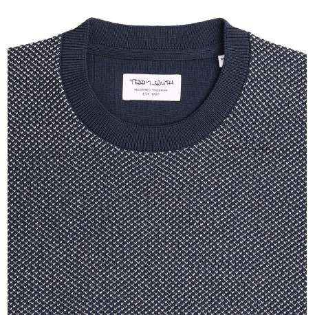 Pull en coton marine uni avec une coupe droite et un col rond - Image 4