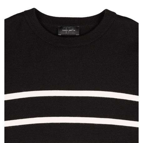 Pull noir uni avec une coupe droite à col rond et des bandes blanches