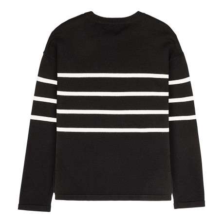Pull noir uni avec une coupe droite à col rond et des bandes blanches - Image 2
