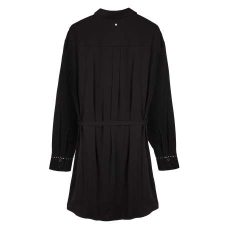Robe courte noire unie avec une coupe droite et un col rond à manches longues - Image 4