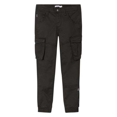 Cargo en coton noir uni avec une coupe slim élastiquée aux ourlets et 6 poches