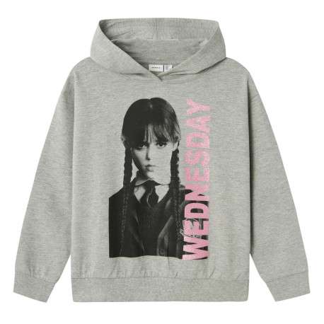 Sweat à capuche en coton mélangé gris chiné avec une coupe droite et un imprimé