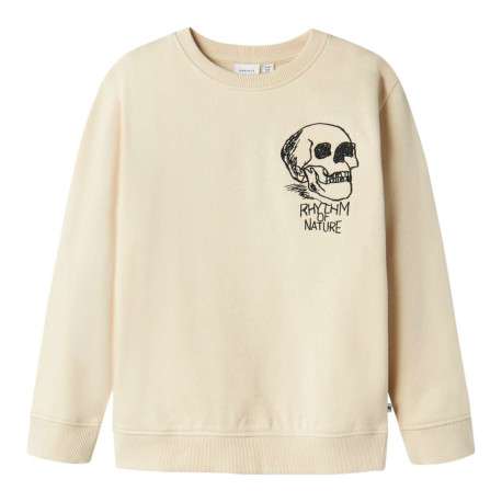 Sweat en coton biologique beige avec un col rond et une tête de mort brodée