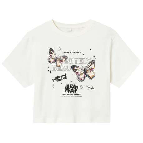 T-shirt crop top en coton biologique écru avec un imprimé et un col rond