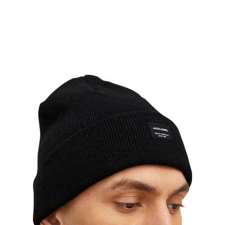 Bonnet noir uni en maille tricotée pourvu d'un large revers - Image 3