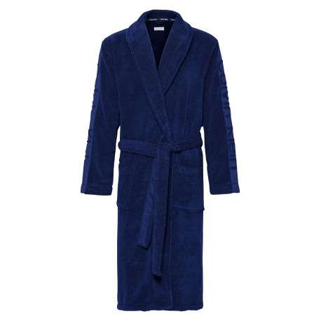 Peignoir marine uni coupe portefeuille avec un col cranté et des poches avants latérales
