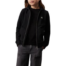 Sweat zippé en coton noir uni avec un col à capuche et imprimé dans le dos