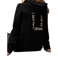 Sweat zippé en coton noir uni avec un col à capuche et imprimé dans le dos