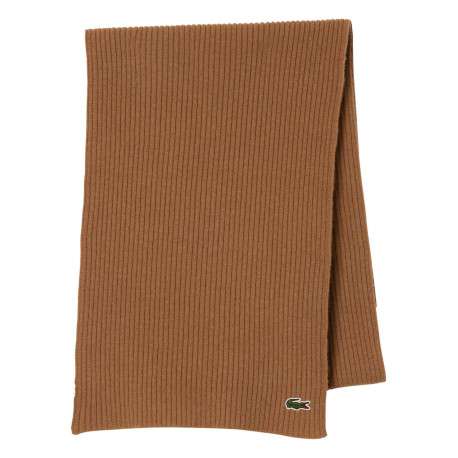Écharpe en laine camel unie avec une coupe longue et un logo brodé