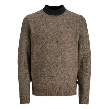 Pull en laine mélangée camel moucheté avec une coupe droite et un col montant