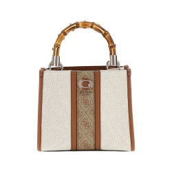 Mini sac porté main beige bi-matière avec poignets en bambous
