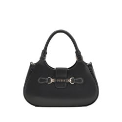 Sac à main noir uni avec une fermeture zippée et nom de la marque 