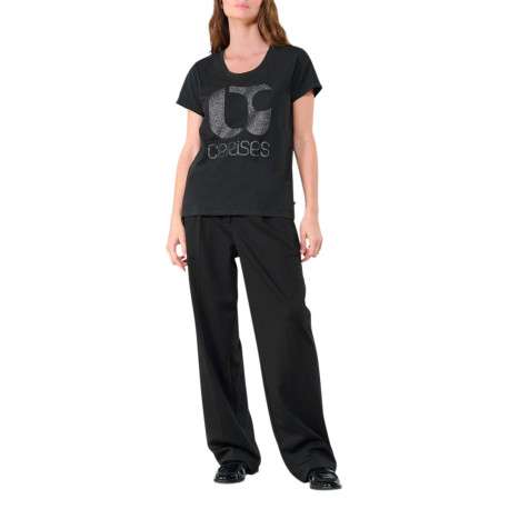 T-shirt en coton noir imprimé en lurex avec une coupe droite et un col rond - Image 3