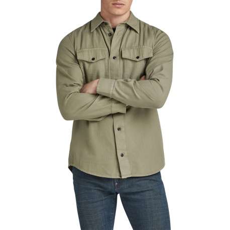 Chemise en coton kaki unie avec une coupe droite un col français et 2 poches