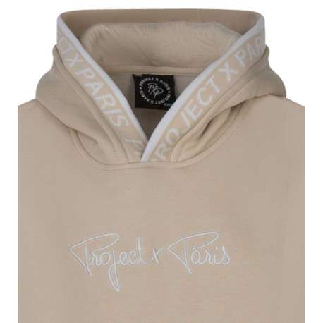 Sweat à capuche beige uni à coupe droite avec une grande poche - Image 3