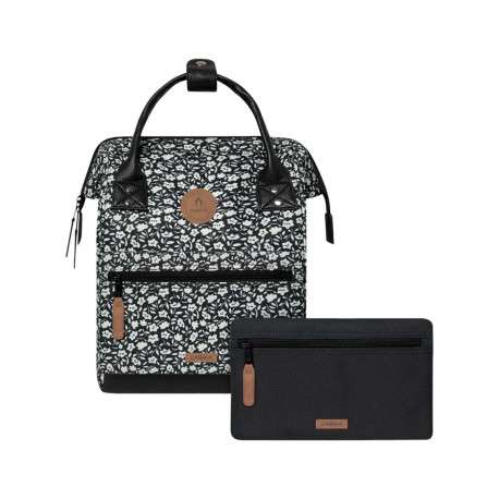 Sac à dos noir fleuri zippé avec anses et pochette noire unie zippée