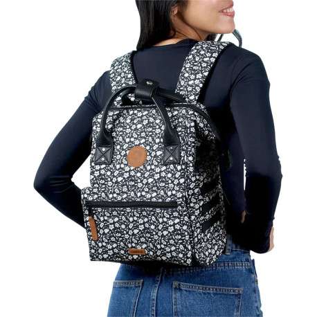 Sac à dos noir fleuri zippé avec anses et pochette noire unie zippée - Image 2
